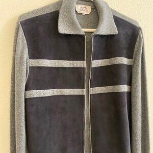 Hermes Men’s Cardigan Zip Jacket Blue Marine Suede with Gray Cashmere. Size M